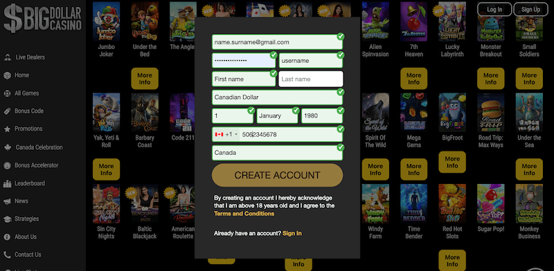 If you often find the registration processes at online casinos daunting, you’ll be relieved to know Big Dollar Casino's is swift.