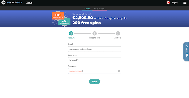 Conquestador - set up your player account