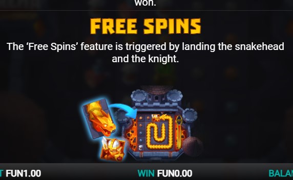 To activate free spins in the <strong>Snake Arena Dream Drop slot,</strong> you need to land a snake head on the first reel alongside a knight on another reel. Throughout these spins, <strong>a knight will descend onto the grid</strong> while the snake moves towards it.