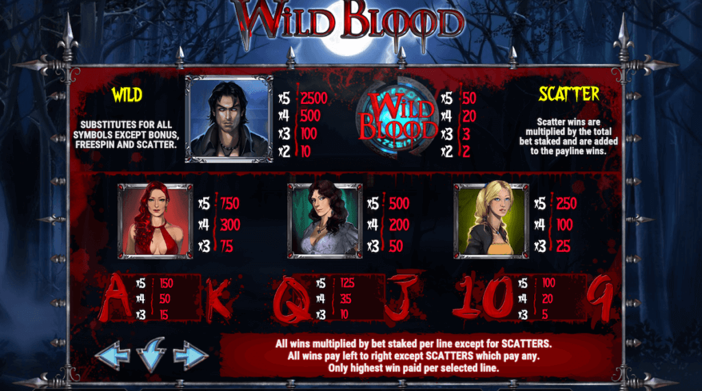 Wild Blood online slot from Play'n GO featuring complete payline structure.