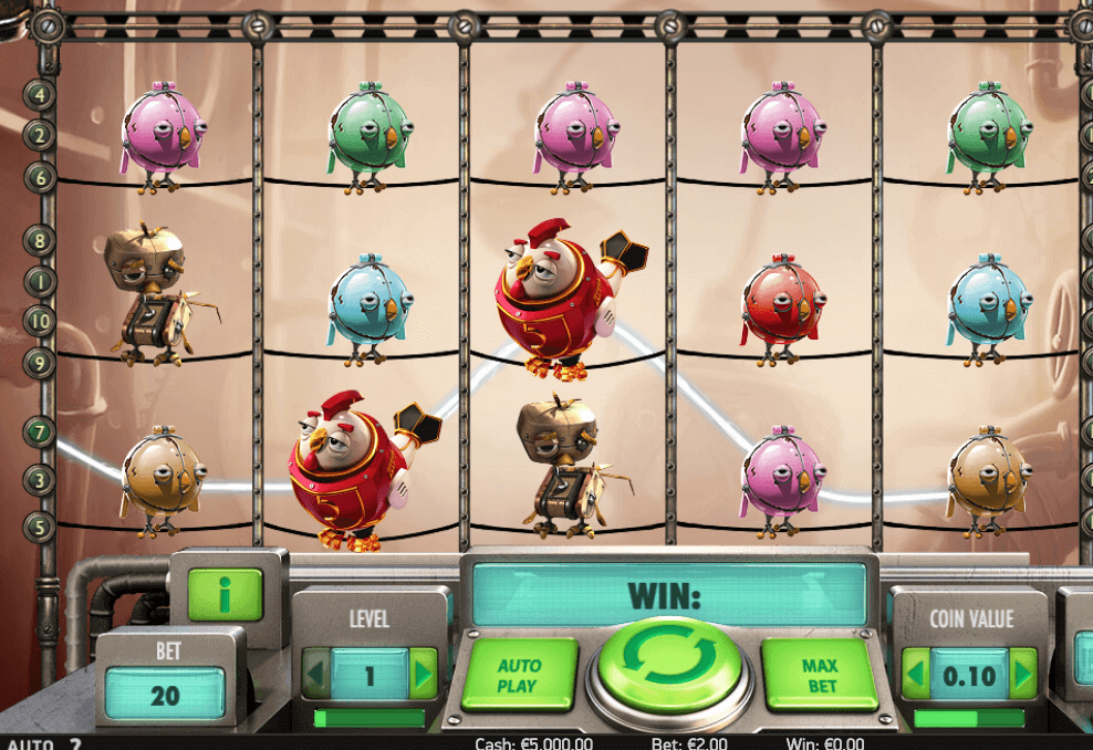 The symbols with the highest payout are the Red Hen, which offers an x50 multiplier, and the Purple Hen, which provides a 35x multiplier, while the blue and brown chickens yield a lower payout of 2.5x.