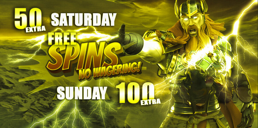 By taking advantage of this offer, you can claim up to 150 free spins over the weekend. Simply deposit $50 or $100, enter the relevant code ( <strong>THOR50 or THOR100</strong> ), and enjoy extra spins on that day's selected slot.