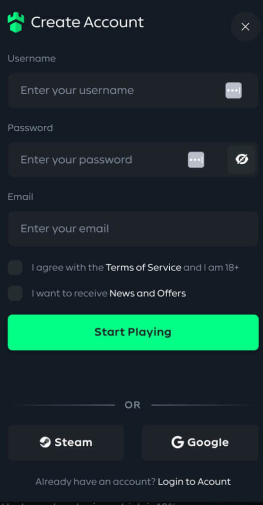 Registering for an account at Gamdom Casino is a seamless process. Begin by clicking on the <strong>Green button in the</strong> top-right corner labeled Create Account. Next, provide a chosen username, a secure password, and your email address.