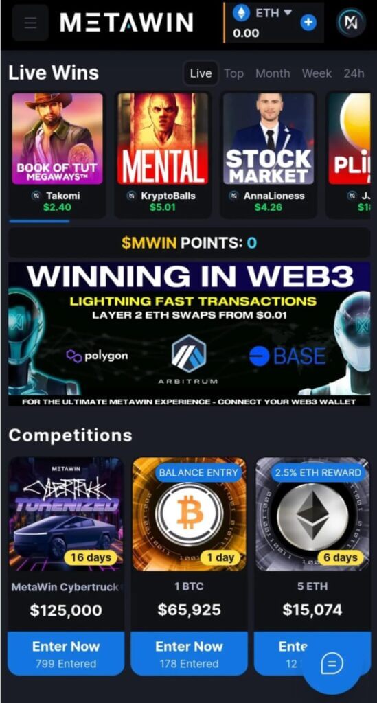 Once you register and join their Telegram channel, new users at MetaWin receive an entry ticket for the weekly prize competition at no cost. Furthermore, players have the option to purchase extra entries: you can obtain 50 for 0.012 ETH, 165 for 0.036 ETH, 780 for 0.156 ETH, and 2,000 for 0.36 ETH.