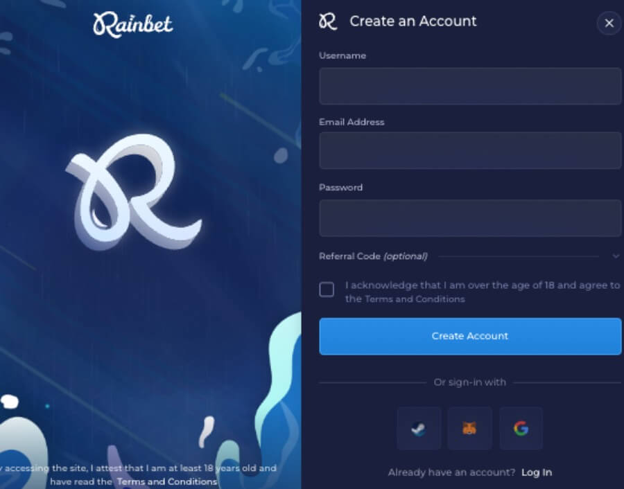 Registration process at Rainbet - Canadian casino.