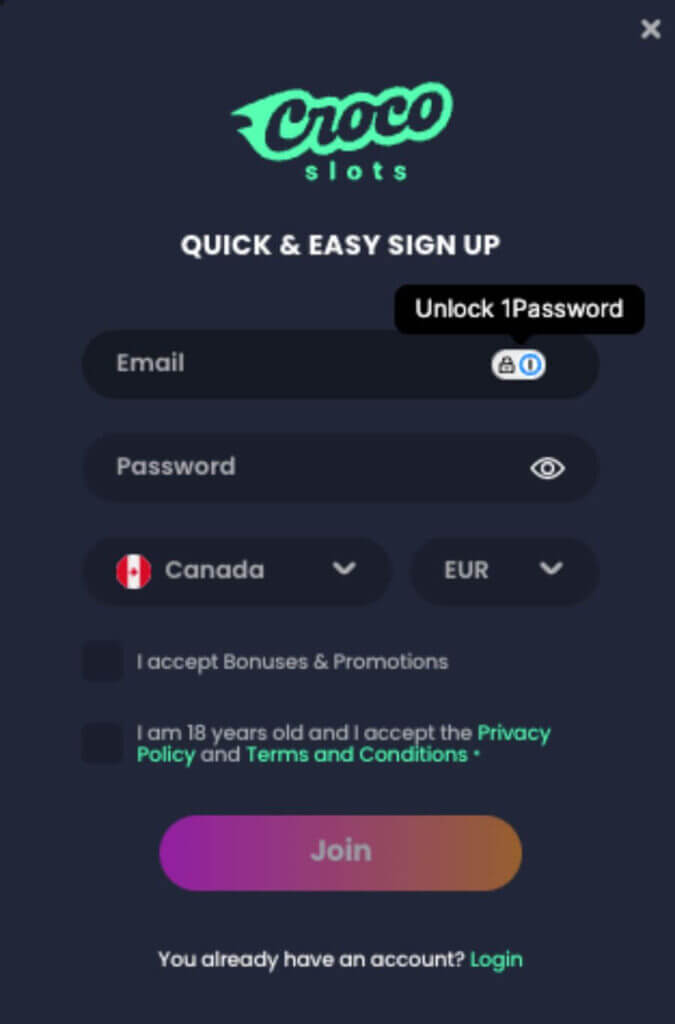 Simple registration process at Crocoslots - Canadian casino