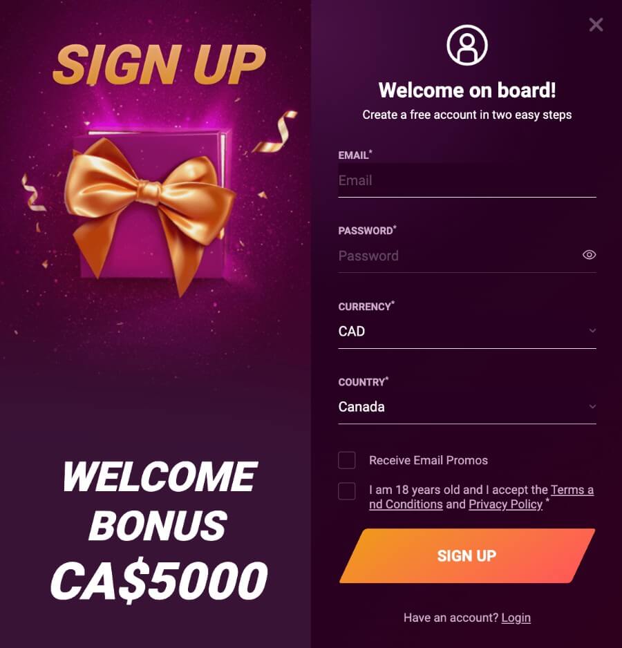 CasinoNic registration process for Canadian players.