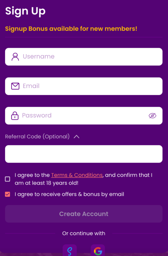 The sign-up process at TrustDice Canada casino.