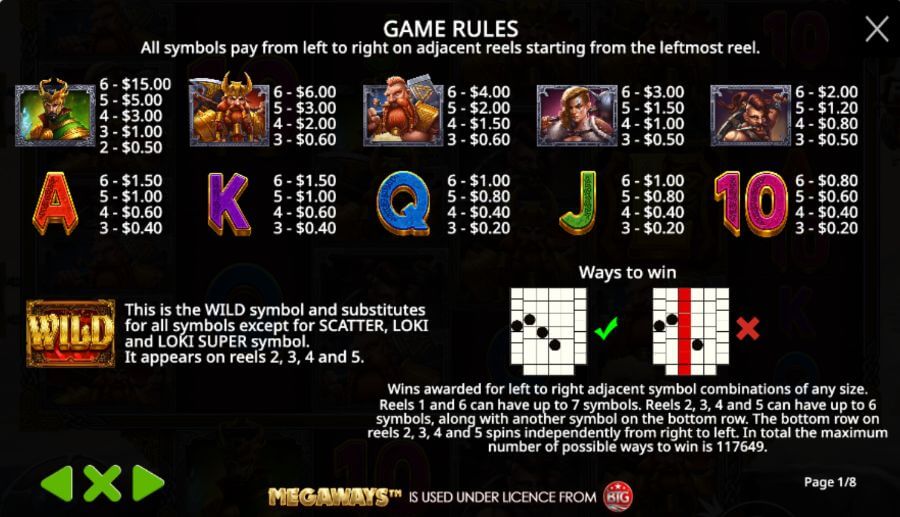 <strong>This exciting game features a wide variety of symbols. In total, you'll find ten different symbols,</strong> with the <strong>least valuable symbols</strong> being the card denominations: <strong>10, J, Q, K, and A.</strong> Landing three 10s grants you $0.20, while hitting six gives you $0.80. If you land three A symbols, you will earn $0.40, but if you get six, the payout is $150. The <strong>more valuable symbols represent various characters from Norse mythology,</strong> including iconic figures from Asgard like Odin and Thor, with Loki being the symbol representing the highest payout. Landing a minimum of two Loki symbols earns you $0.50, and six grants you a $15 payout. To win, your combinations must begin on the first reel and progress left to right.